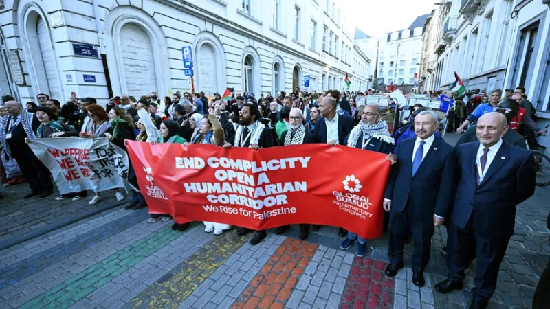Účastníci kongresu Sumud v Bruselu uspořádali protestní akci před Evropským parlamentem
